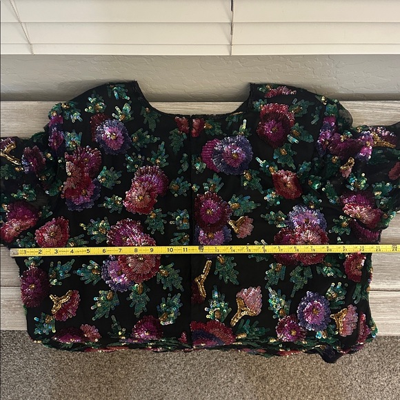 Vintage Laurence Kazar 2X Silk Sequin Floral Sheer Sleeve Blouse Top Black - Picture 10 of 11